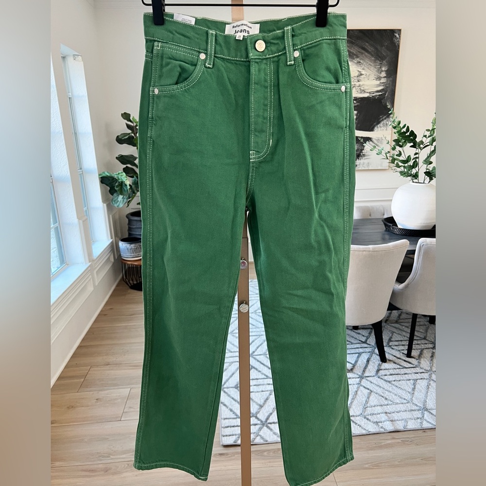 SOLD. Reformation Cowboy High Rise Straight Jeans Green Denim NWT Size 24 - Picture 2 of 9
